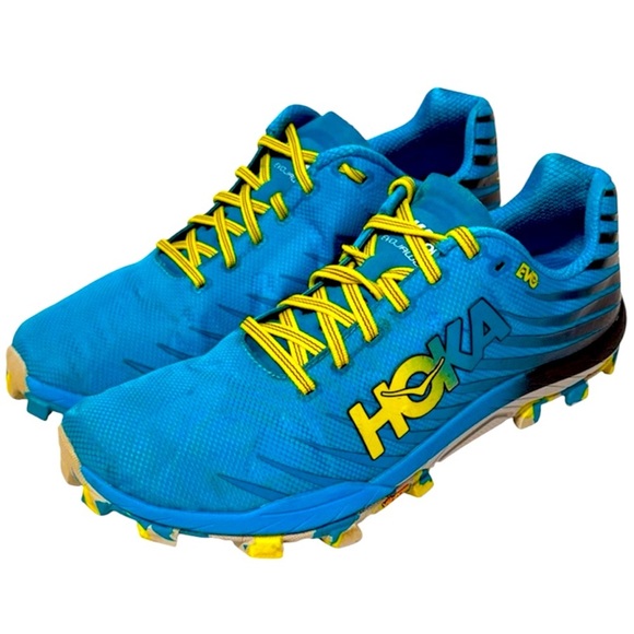 Hoka One One Shoes - Hoka One One EVO Jawz Trail Running Shoes Blue Yellow Athletic Spiked Women’s 10